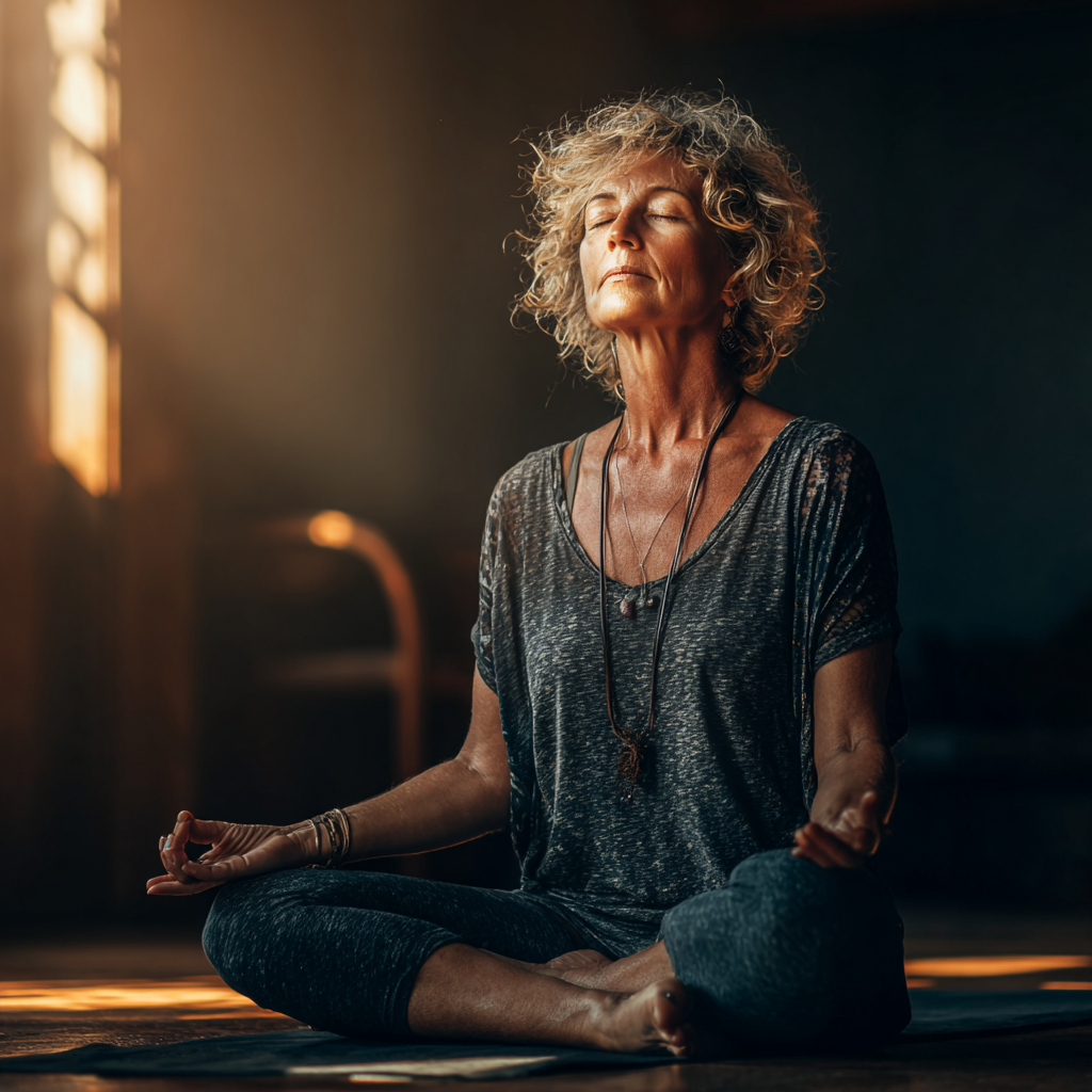 Жінка віком 55 років виконує асану лотоса в затишній йога-студії з м'яким природним освітленням