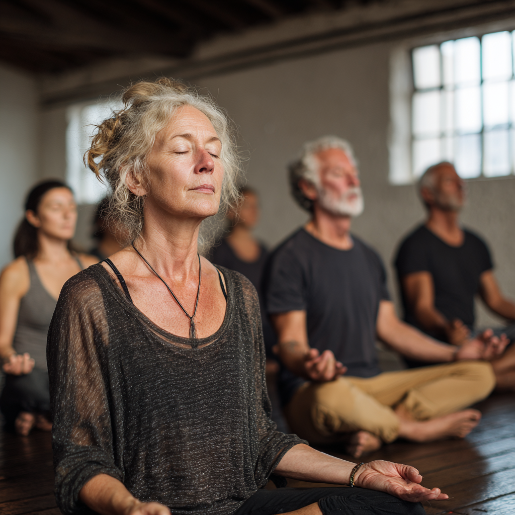 Група людей віком 50-65 років сидить у медитативних позах у тихій студії з природним освітленням